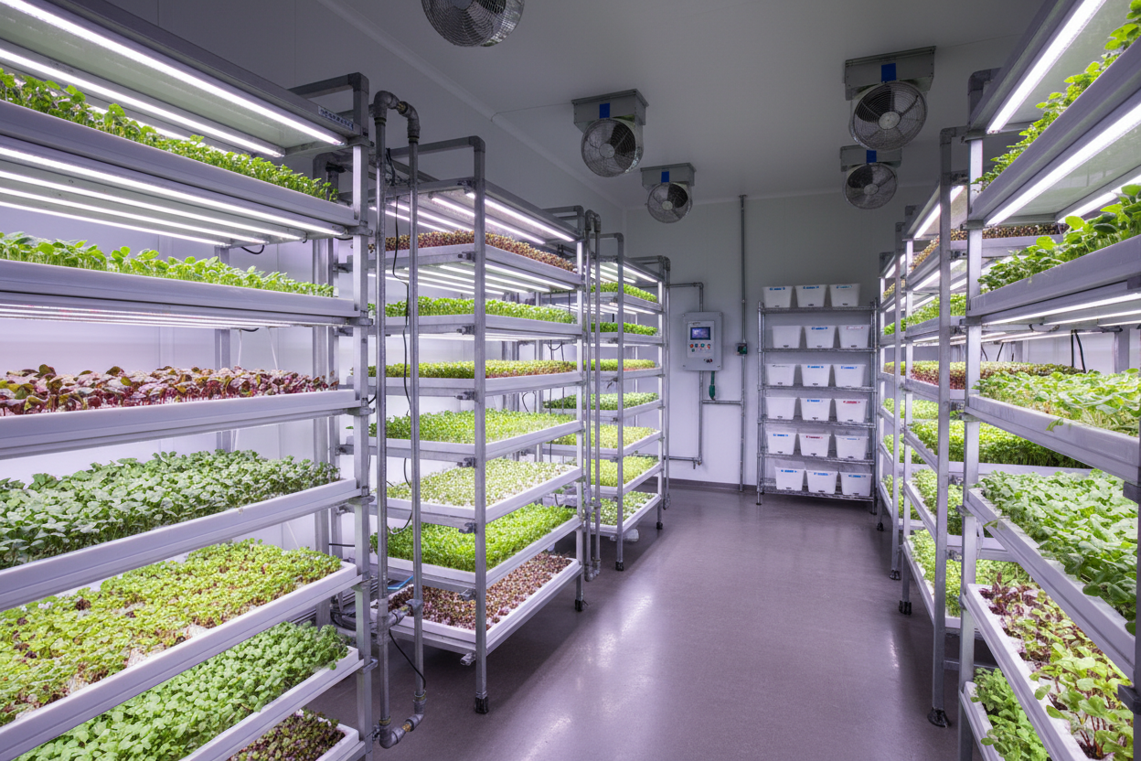 indoor microgreens farms with 10 racks hyperrealistic